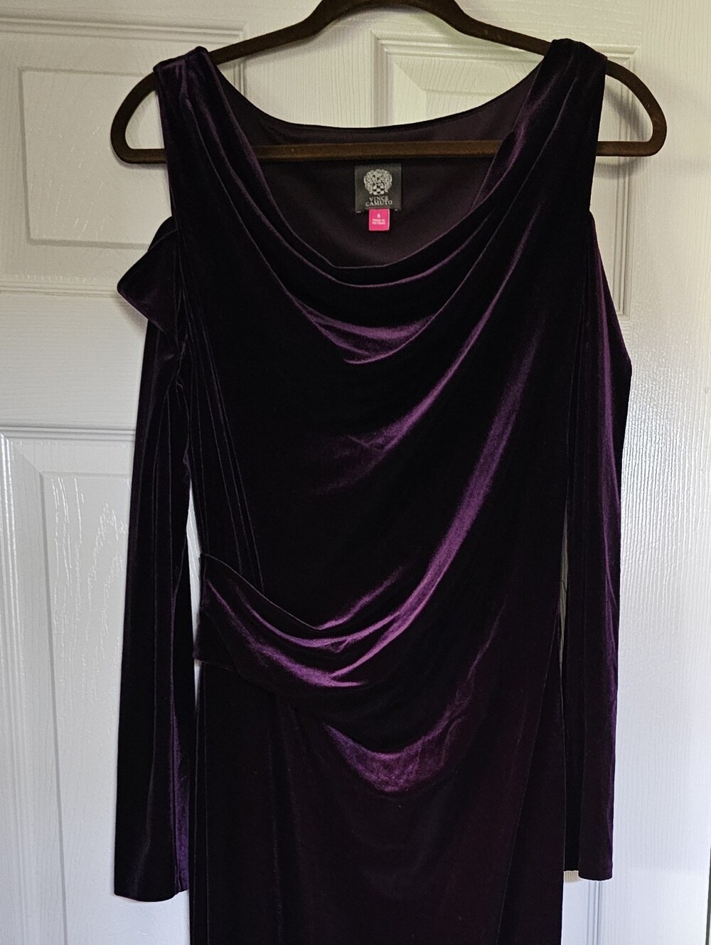 Vince Camuto Draped Velvet Long-Sleeve Dress in Deep Plum